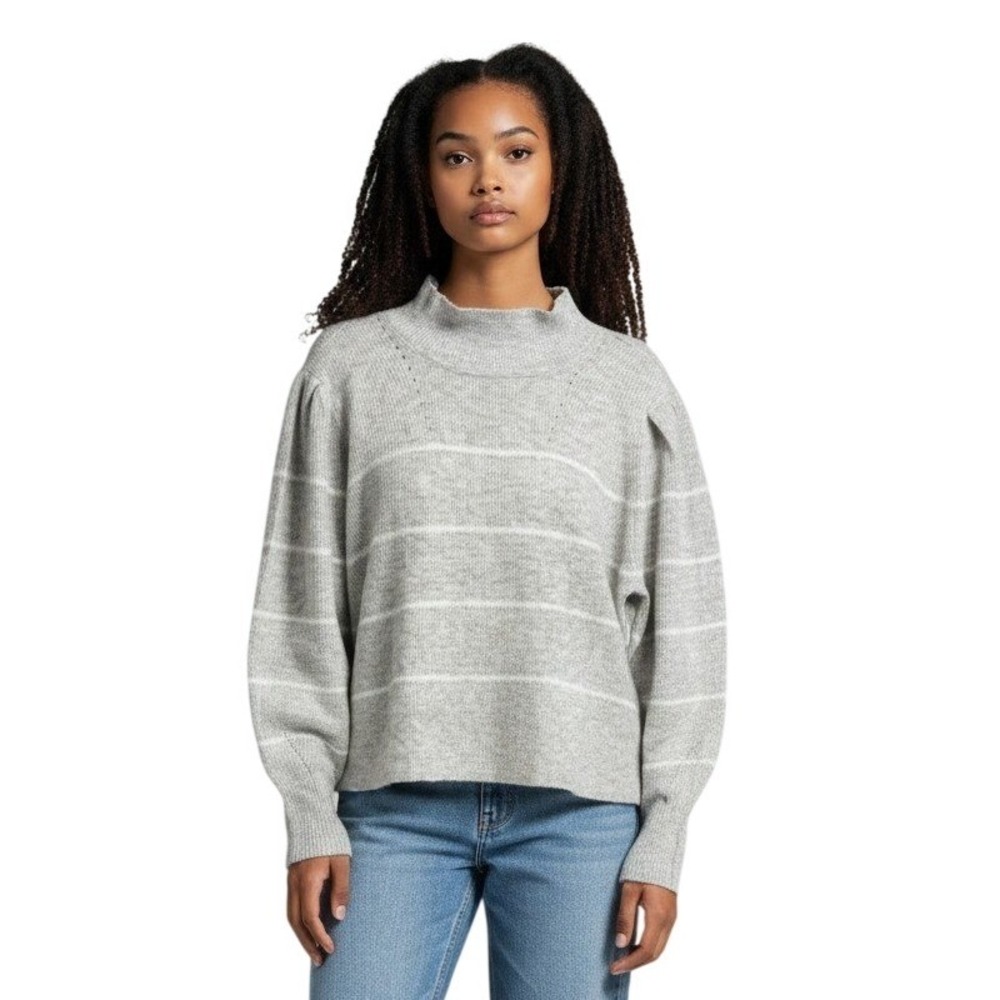 CeCe Grey White Striped Puff Sleeve Mock Neck Pointelle Sweater- Women's Size XL